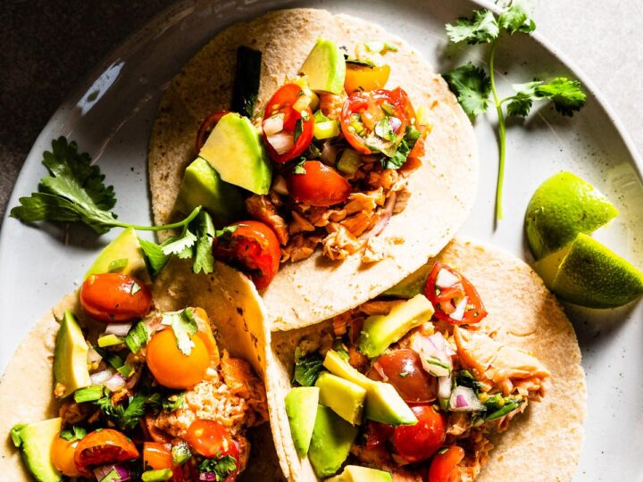 grilled salmon tacos with fresh tomato salsa overhead