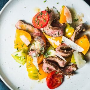 grilled steak heirloom tomato salad overhead