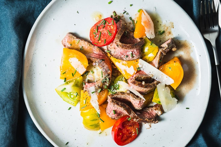 grilled steak heirloom tomato salad overhead