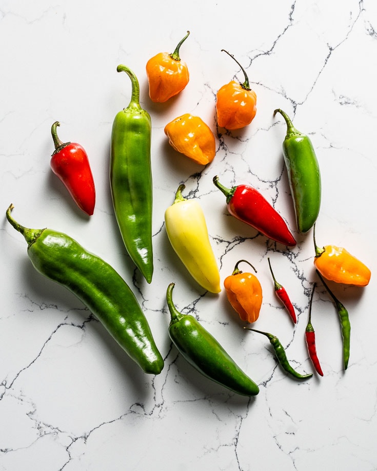 group of variety of chili peppers