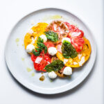 Heirloom Tomato Salad with fresh mozzarella and fried basil