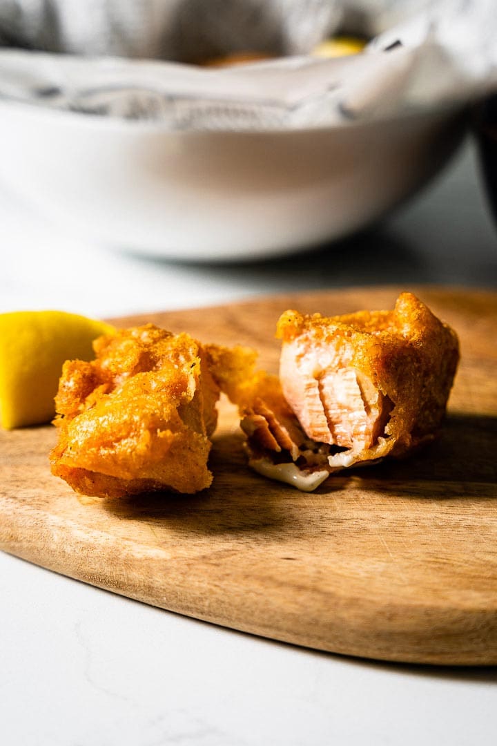 inside piece of deep fried salmon bite