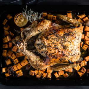 lemon-thyme roast chicken ovreahead view