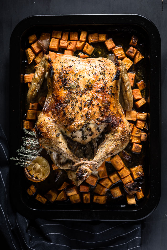 lemon-thyme roast chicken overhead vertical