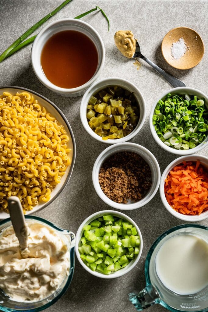 macaroni salad ingredients overhead