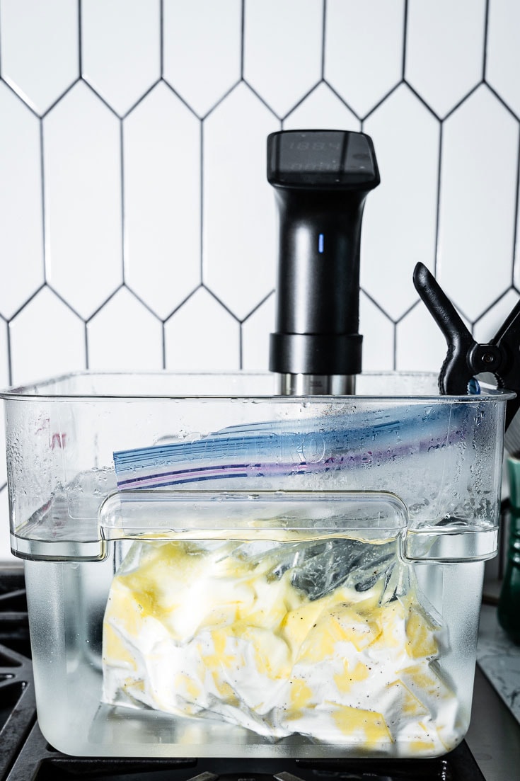 mashed potatoes in sous vide water bath