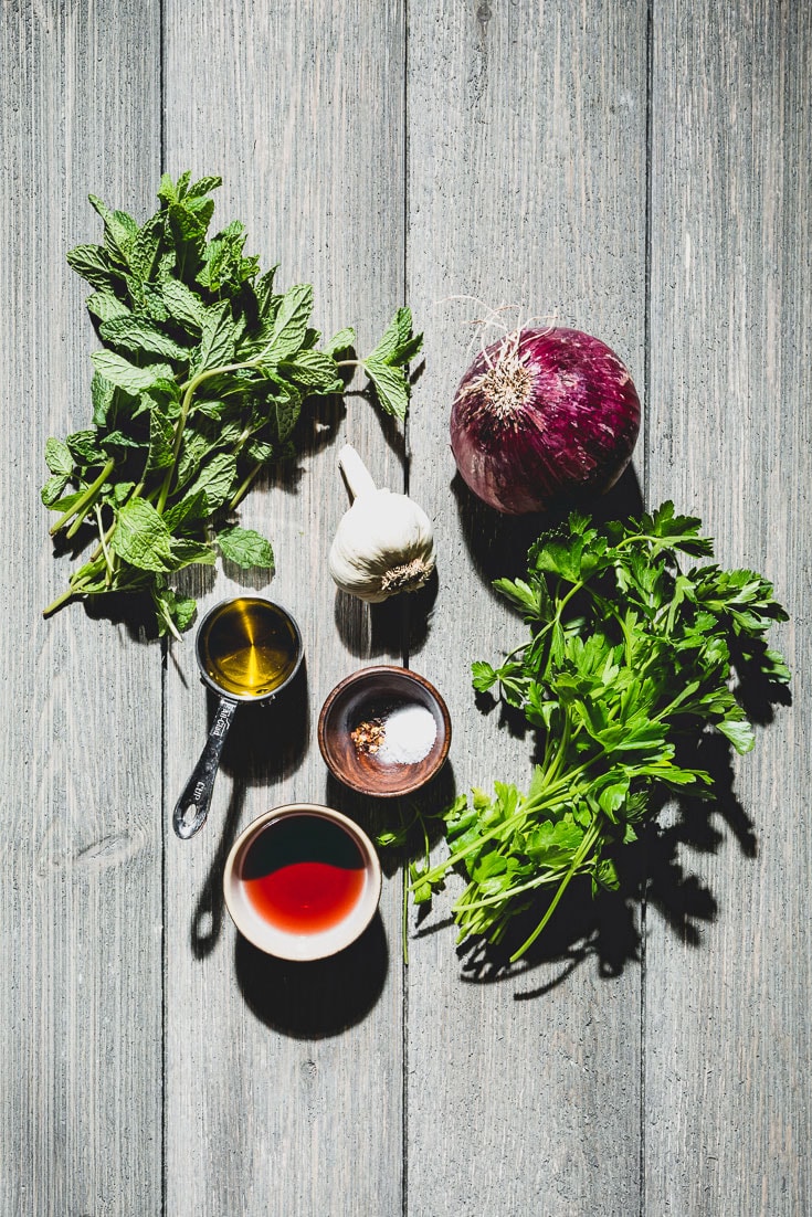 mint chimichurri ingredients flatlay