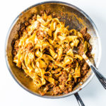 Pasta Bolognese in a Skillet Overhead