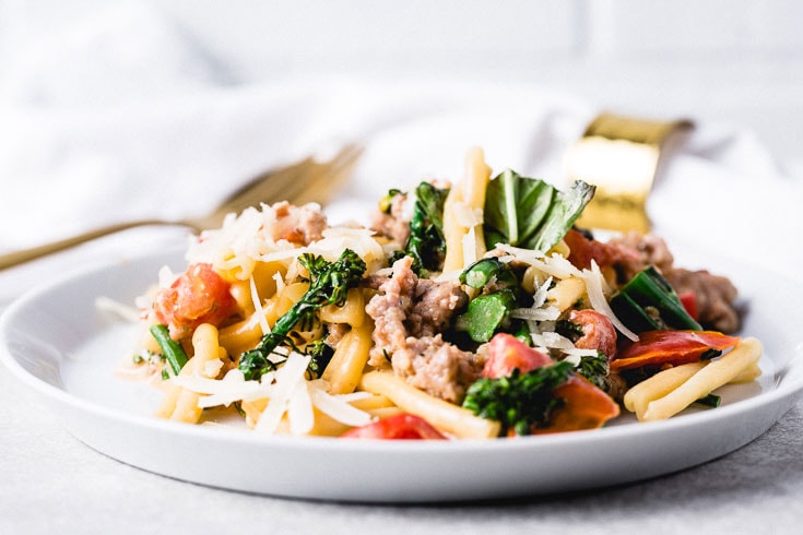 pasta with sausage broccoli and peppers horizontal head on