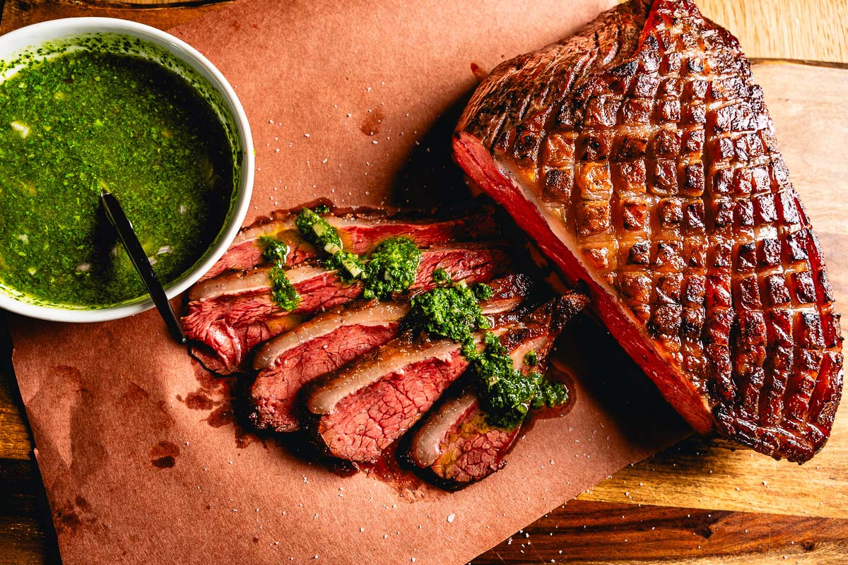 picanha steak with chimichurri overhead horizontal