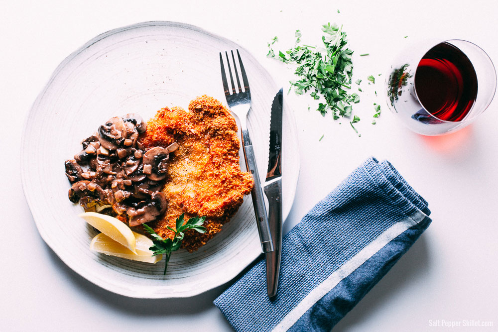 Pork Schnitzel + Mushroom Sauce | SaltPepperSkillet.com