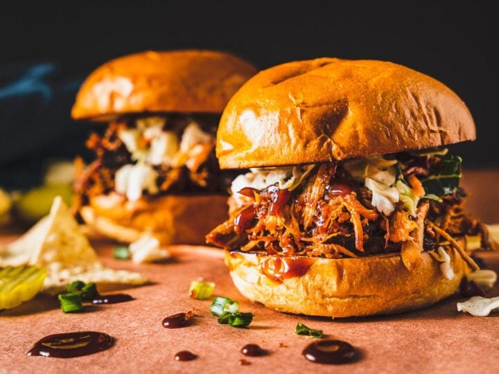 pulled pork sandwiches on butcher paper horizontal