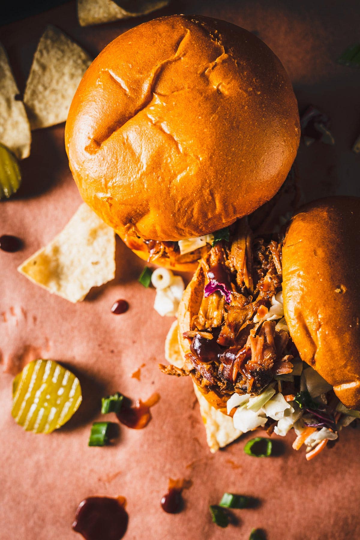 pulled pork sandwiches overhead