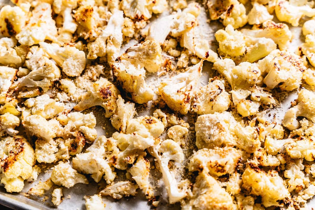 roasted cauliflower with parmesan on sheet pan horizontal