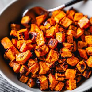 roasted sweet potatoes in bowl horizontal