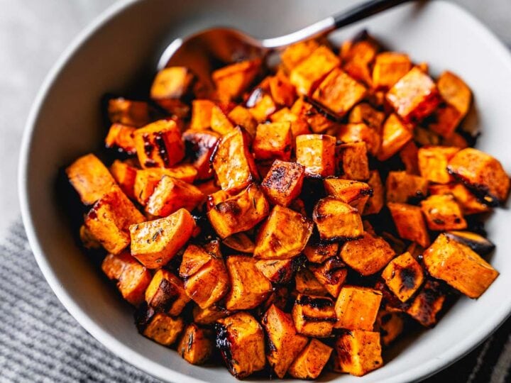 roasted sweet potatoes in bowl horizontal