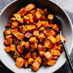 roasted sweet potatoes in bowl overhead