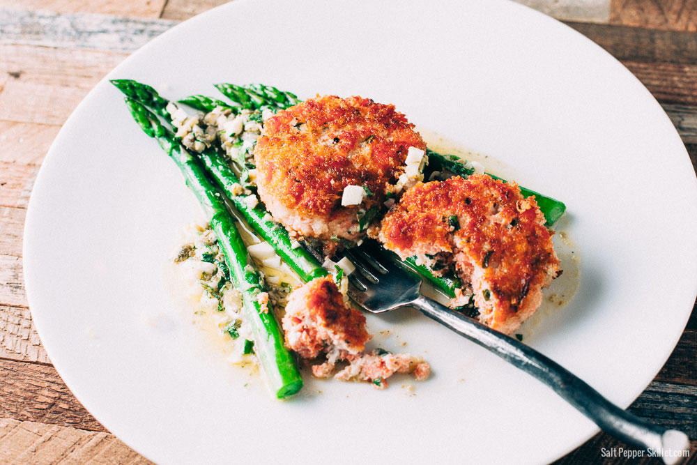 Salmon Cakes + Sauce Gribiche | SaltPepperSkillet.com