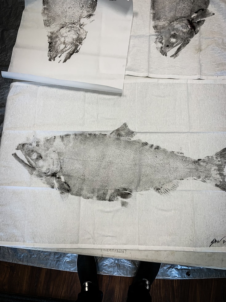 salmon fish printing on tea cloths