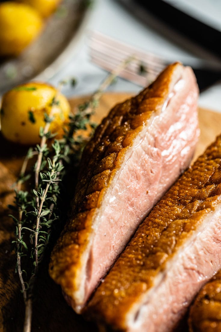 seared duck breasts close up