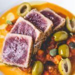 seared tuna with quick tomato and olive sauce