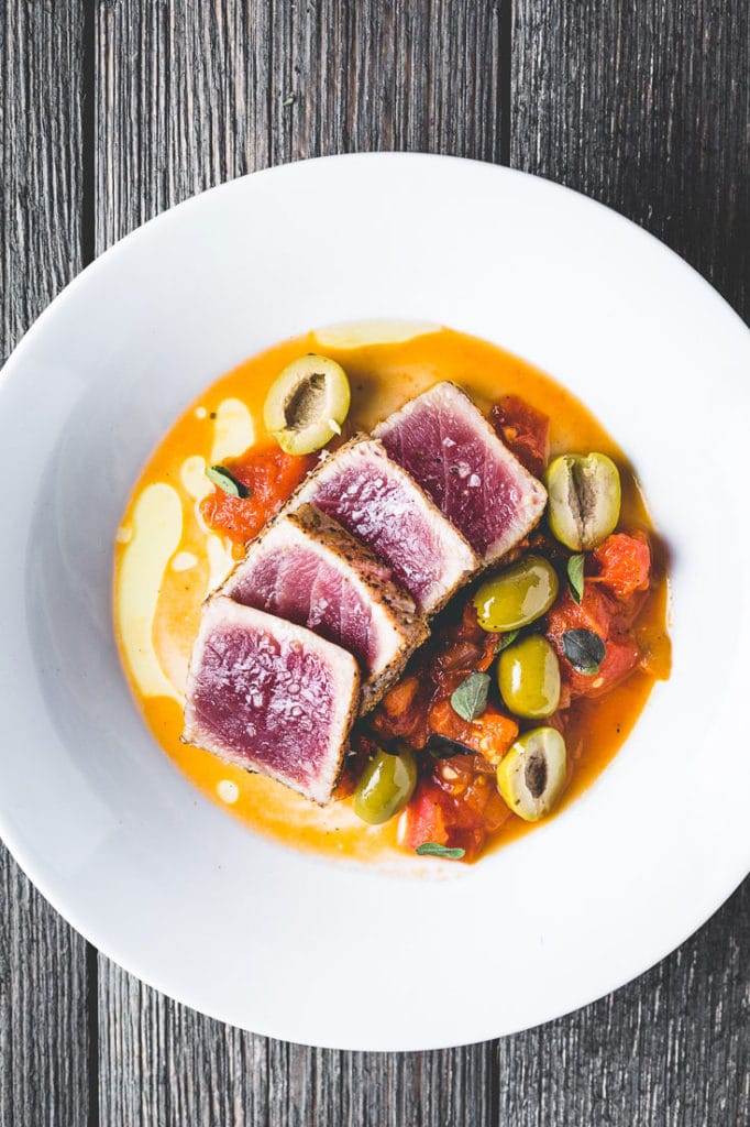Seared Tuna with Quick Tomato and Olive Sauce
