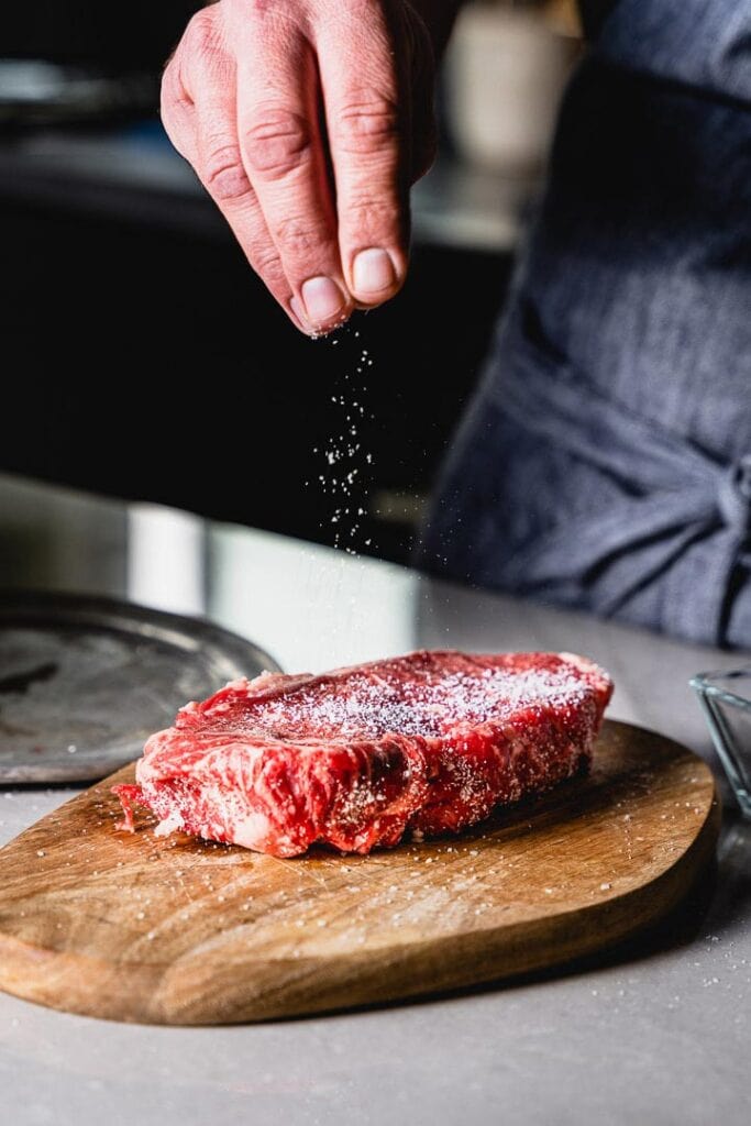 New York strip at 129 degrees for ~2 hours. Fridge for ~30 min