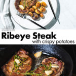 skillet rib eye steak. and potatoes vertical