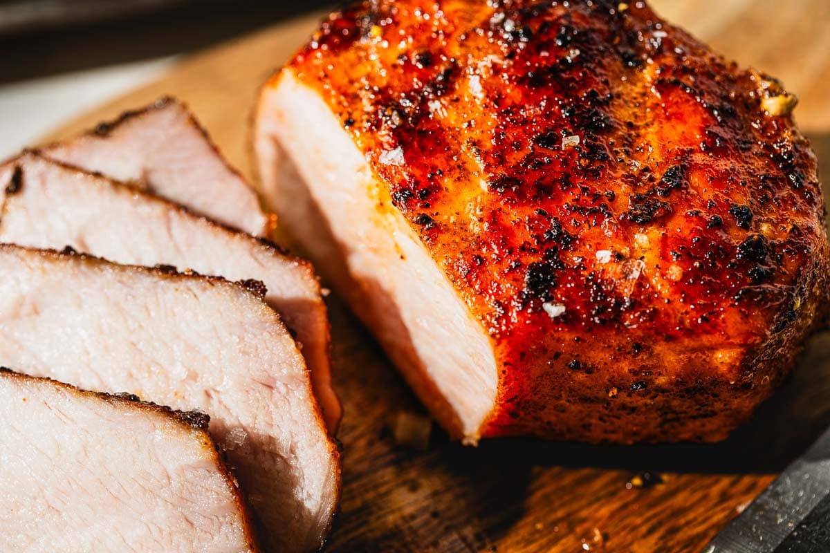 sliced smoked pork chop close up