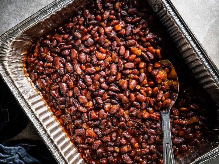 smoked baked beans in pan horizontal