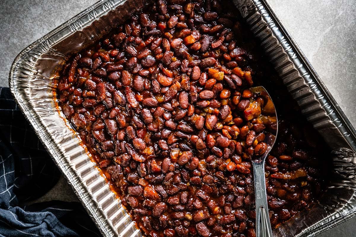 smoked baked beans in pan horizontal