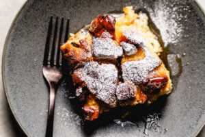 smoked bread pudding recipe on plate overhead