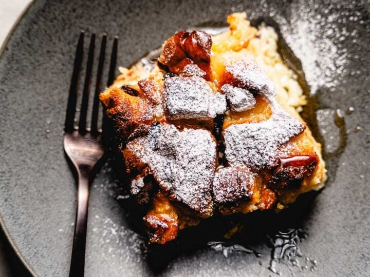 smoked bread pudding recipe on plate overhead
