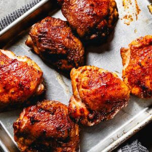 smoked chicken thighs on sheet pan overhead