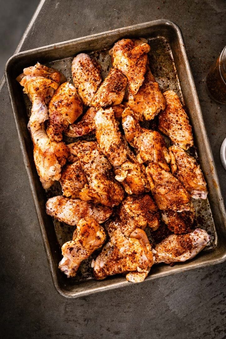 smoked chicken wings dry rubbed on sheet pan