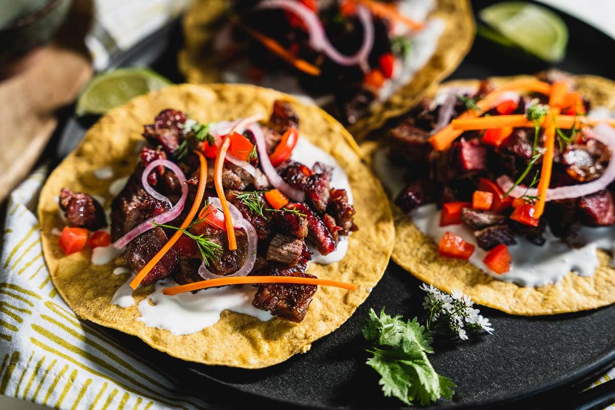 smoked lamb tostadas on plate close up