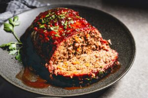 smoked meatloaf sliced side view horizontal