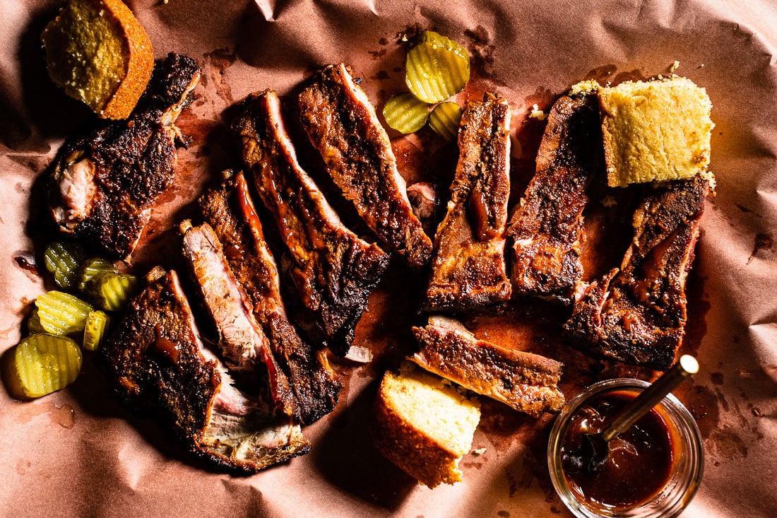 smoked pork ribs on butcher paper