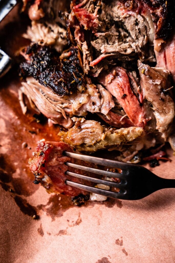 smoked pulled lamb shoulder on fork