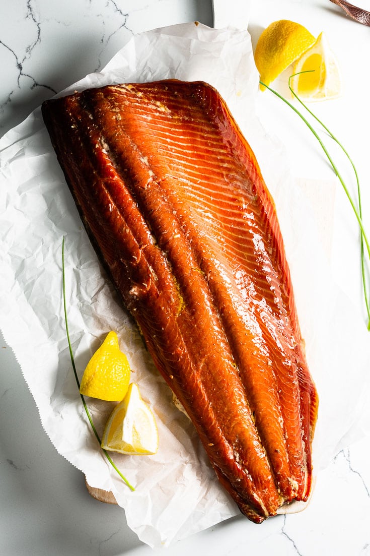 smoked salmon filet on parchment paper overhead