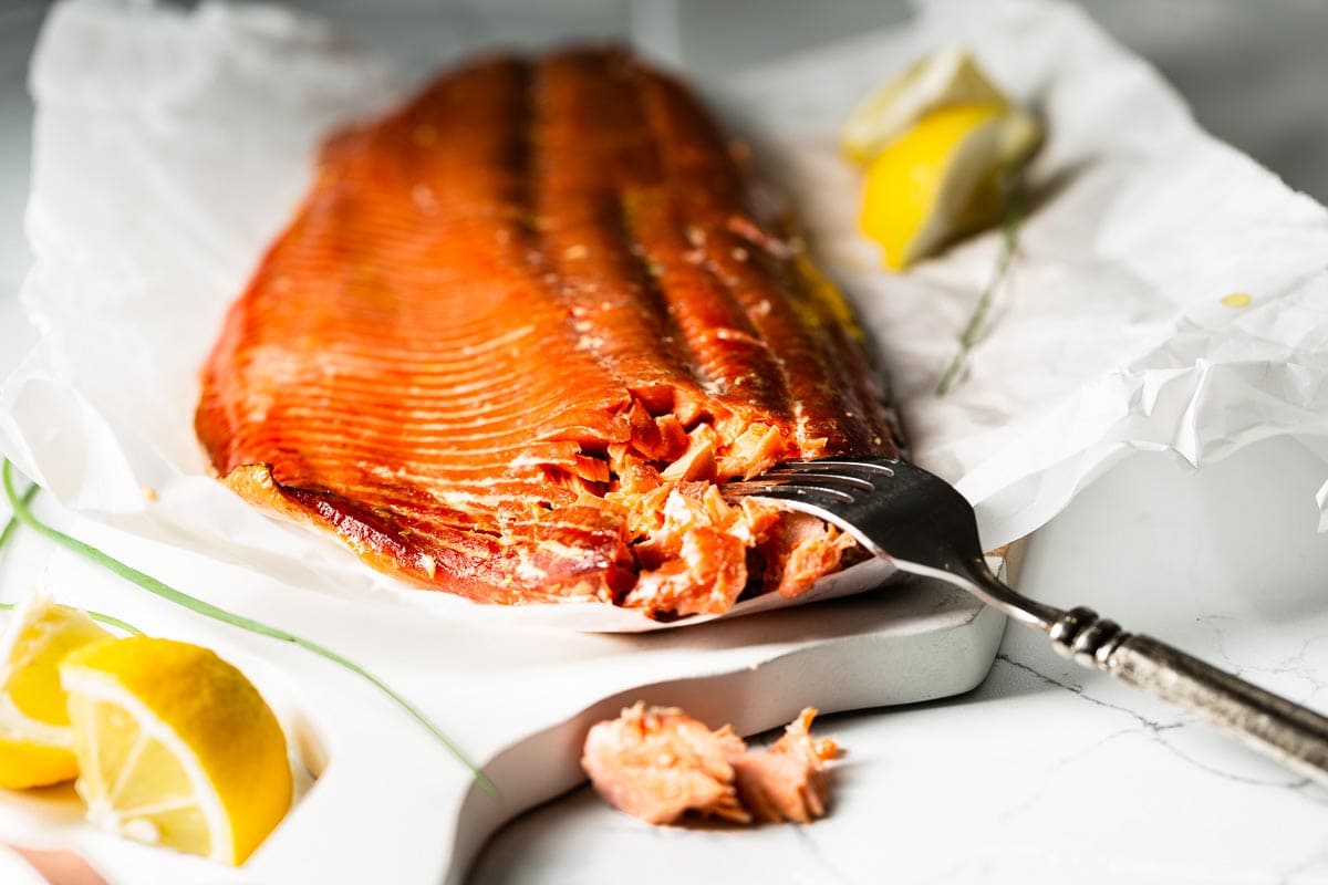 simple smoked salmon on cutting board