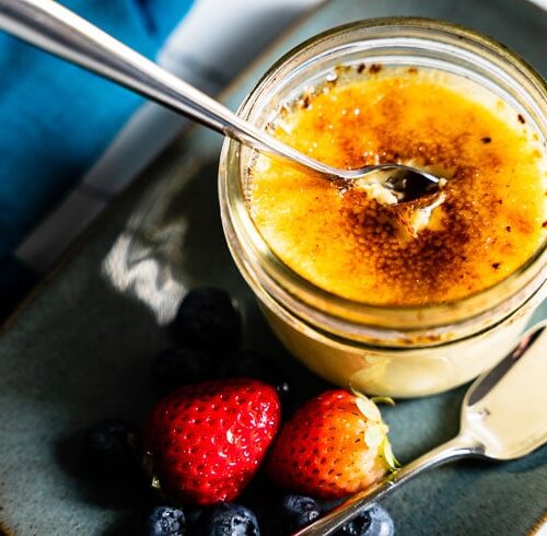 sous vide creme brulee in mason jar with spoon