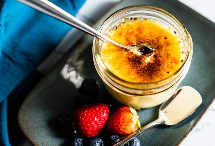 sous vide creme brulee in mason jar with spoon