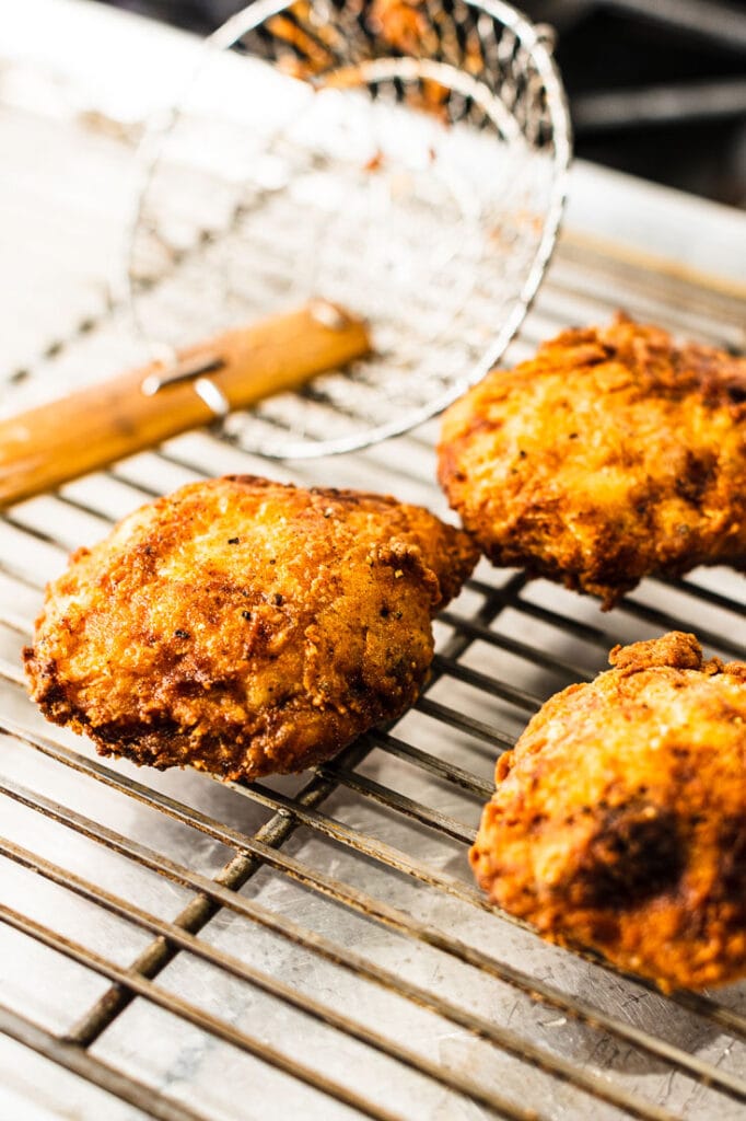 sous vide fried chicken on cooling rack