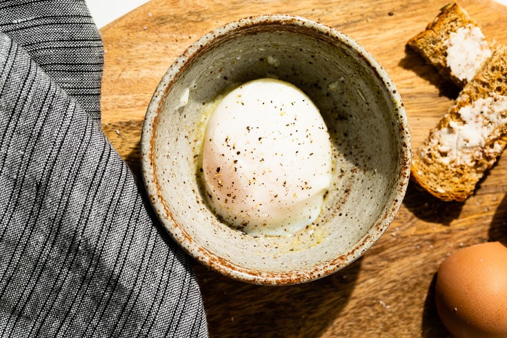 sous vide poached eggs in bowl horizontal overhead