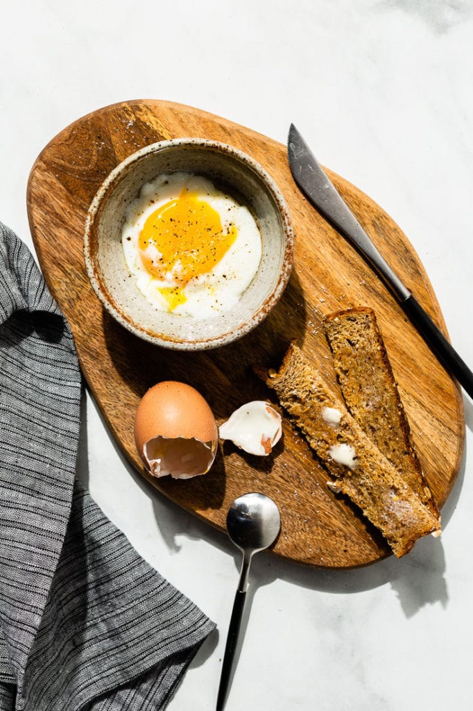 sous vide poached eggs in bowl overhead