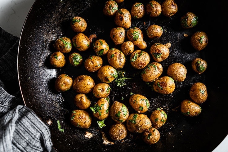 Sous Vide potatoes in skillet close up