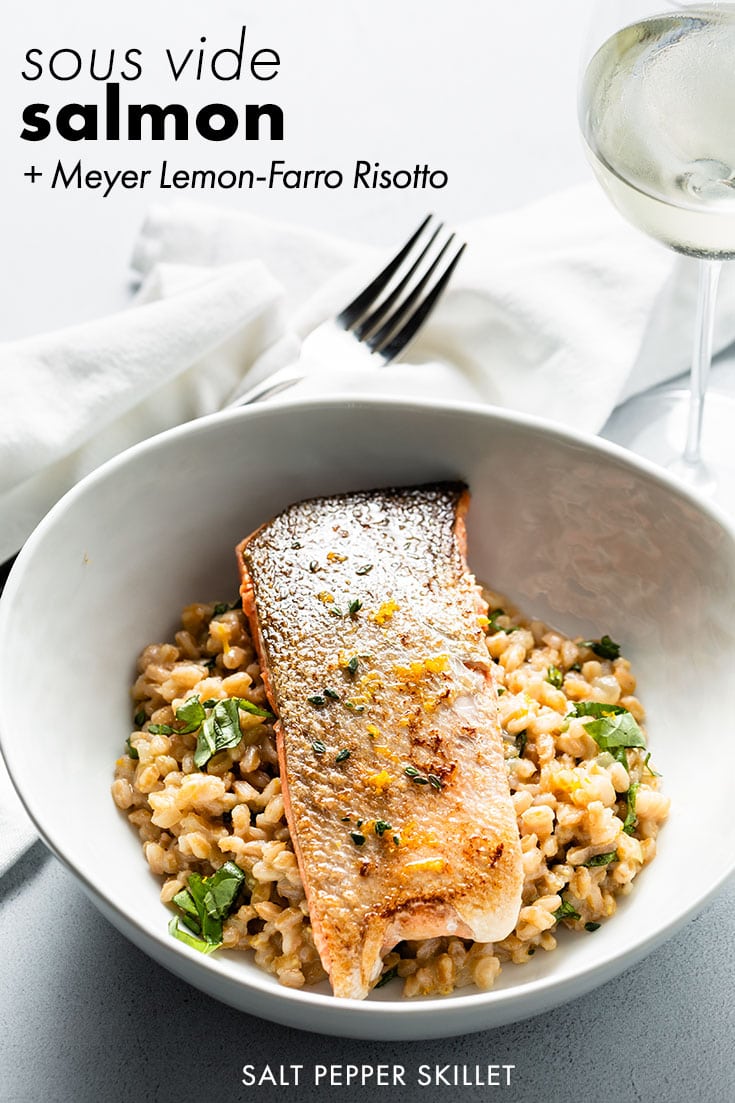 Healthy, nutritious and oh so delicious perfectly cooked sous vide wild Alaskan salmon over the top of Meyer lemon-farro risotto. These salmon bowls are heart-healthy and nutrition packed. #salmon #sousvide