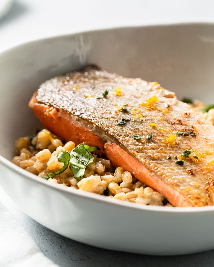 sous vide salmon and farro risotto side angle