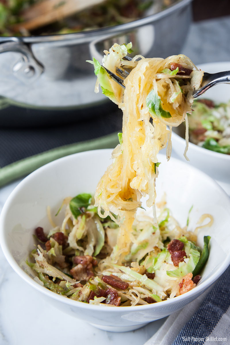 Spaghetti Squash + Brussels Sprouts + Bacon | SaltPepperSkillet.com